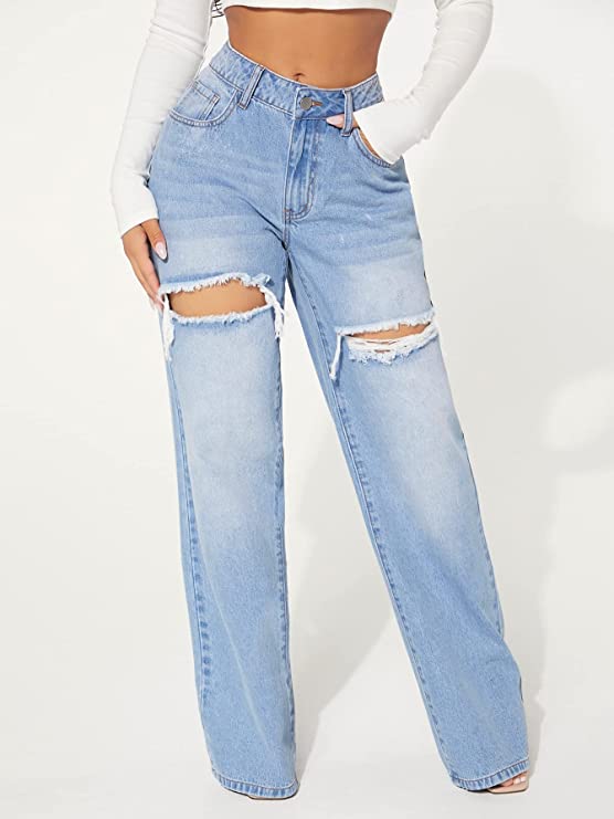 Cute Denim Blue Ripped Wide Leg Denim Pants