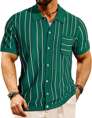 Men's Short Sleeve Vintage Style Striped Dark Green Shirt