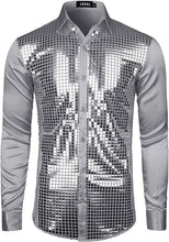 Load image into Gallery viewer, Men&#39;s Black Striped Multi Color Metallic Long Sleeve Shiny Disco Shirt