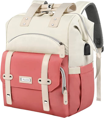 Pink & White Laptop Backpack w/USB Charging Port
