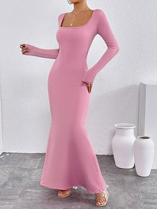 Comfort Knit Soft Pink Long Sleeve Fishtail Maxi Dress