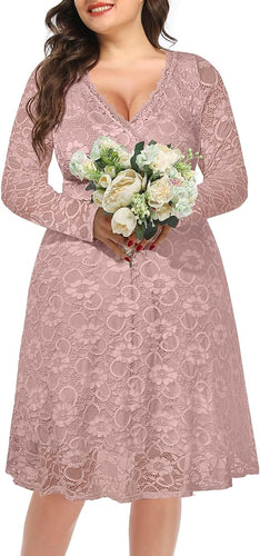 Plus Size Mauve Pink Lace Long Sleeve Cocktail Dress