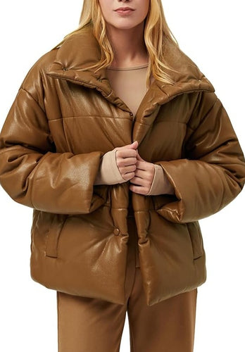 Fashionable Caramel Brown Padded Vegan Leather Long Sleeve Puffer Jacket