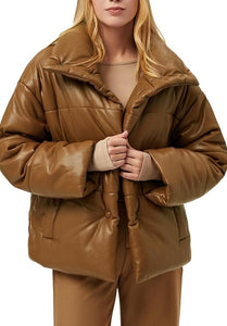 Fashionable Caramel Brown Padded Vegan Leather Long Sleeve Puffer Jacket