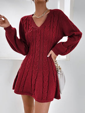 Bishop Sleeve Red Flared Knit Sweater Dress
