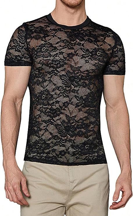 Men's Black Mesh Lace Short Sleeve T-Shirt