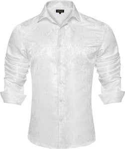 Men's Luxury Champagne Silk Printed & Black Paisley Long Sleeve Shirt