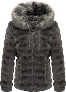 Faux Fur Collar Light Coffee Reversible Hooded Puffer Coat