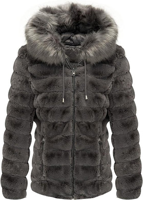 Faux Fur Collar Grey Reversible Hooded Puffer Coat