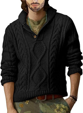 Men's Black Cable Knit Long Sleeve Button Neck Sweater