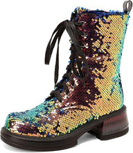 Load image into Gallery viewer, Lace Up Glitter Sequin 5.5cm-gold Combat Boots