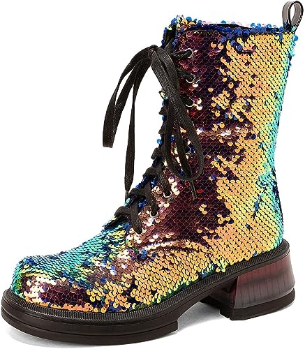 Lace Up Glitter Sequin 5.5cm-gold Combat Boots