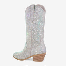 Load image into Gallery viewer, Rhinestone Knee High Sequin Silver Cowboy Boots