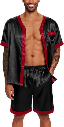 Men's Satin Black/Red Pajama Short Sleeve Top & Pants Set