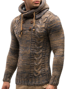 Brown Men's Hooded Cable Knit Long Sleeve Sweater