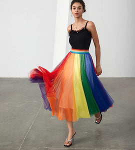 Prestigious Tulle Rainbow Pleated Flowy Maxi Skirt