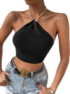 Chain Strap Halter White Crop Top