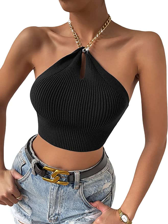 Chain Strap Halter Black Crop Top