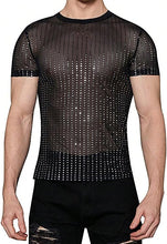 Load image into Gallery viewer, Men&#39;s Black Mesh Striped Sparkle Short Sleeve Shirt