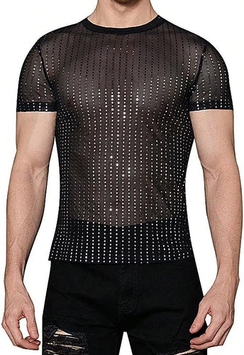 Men's Black Mesh Striped Sparkle Short Sleeve Shirt