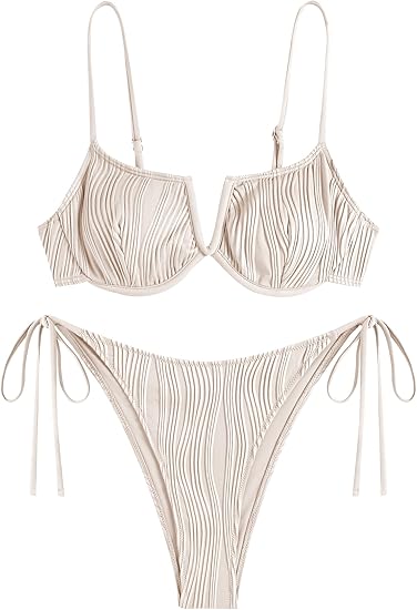 High Cut Underwire Bikini Beige Swimsuit Set