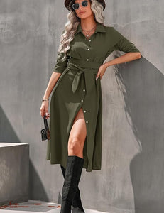 Fall Fashion White Button Down Long Sleeve Belted Dress