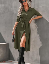 Load image into Gallery viewer, Fall Fashion Khaki Button Down Long Sleeve Belted Dress