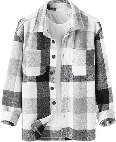 Men's Plaid Button Flannel White Long Sleeve Shacket