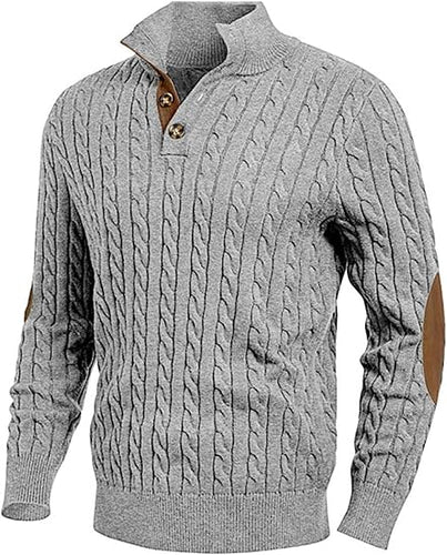 Men's Cable Knit Patchwork Zip Front Gray Sweater