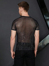 Load image into Gallery viewer, Men&#39;s Black Mesh Striped Sparkle Short Sleeve Shirt