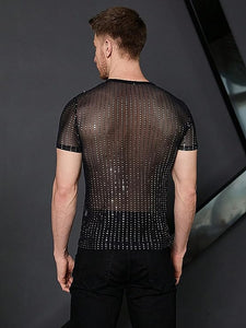 Men's Black Mesh Striped Sparkle Short Sleeve Shirt