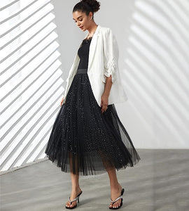 Prestigious Tulle Black Sparkle Pleated Flowy Maxi Skirt
