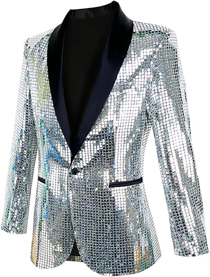 Men's Shiny Disco Silver Metallic Party Blazer