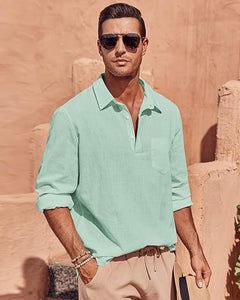 Men's Cuban Style Mint Green Long Sleeve Casual Shirt