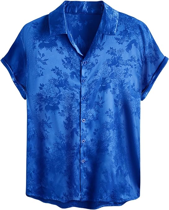Men's Satin Blue Floral Short Sleeve Button Down Shirt