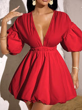 Load image into Gallery viewer, Sophisticated Red Puff Sleeve Deep V Mini Dress