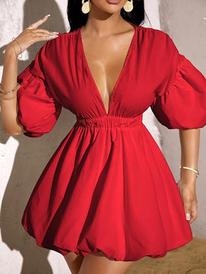 Sophisticated Red Puff Sleeve Deep V Mini Dress