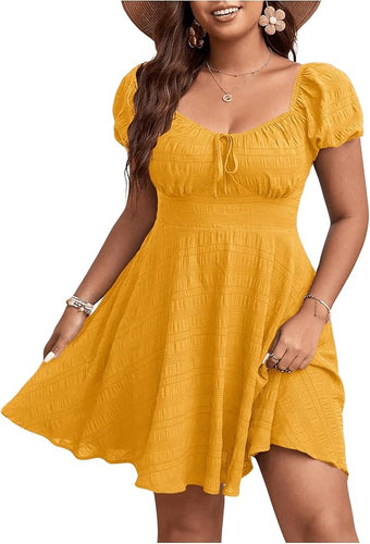 Plus Size Puff Sleeve Yellow Textured Mini Dress