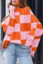 Load image into Gallery viewer, Slouchy Checkered Pink/Orange Loose Fit Warm Oversized Long Sleeve Sweater