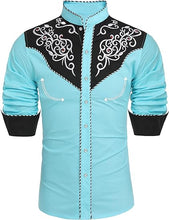 Load image into Gallery viewer, Men&#39;s Blue Western Cowboy Embroidered Long Sleeve Shirt