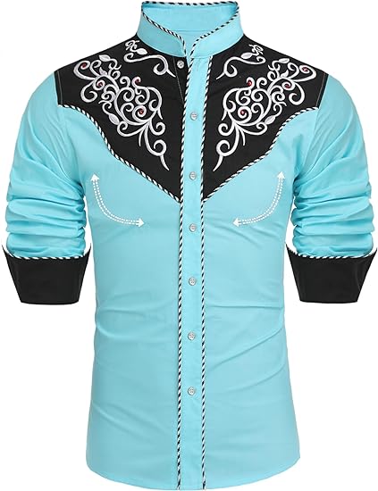 Men's Blue Western Cowboy Embroidered Long Sleeve Shirt