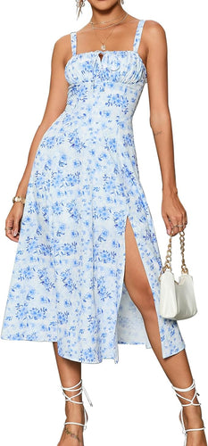 Katelyn Ruched Blue Floral Sleeveless Midi Dress