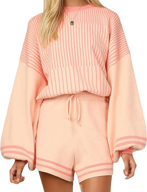 Soft Knit Pullover Long Sleeve Pink Striped Sweater & Shorts Set