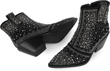 Load image into Gallery viewer, Cowboy Style Rhinestone Sequin Black Ankle Boots