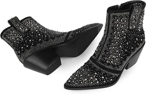 Cowboy Style Rhinestone Sequin Black Ankle Boots