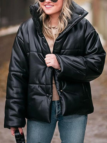 Fashionable Black Padded Vegan Leather Long Sleeve Puffer Jacket