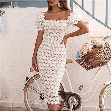 Crochet White Puff Sleeve Midi Dress