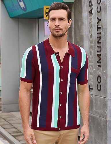 Men's Striped Golf Polo Short Burgundy Sleeve Shirt