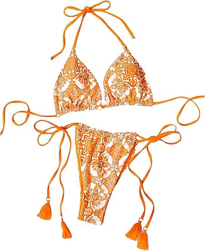 Paisley Printed Triangle Bikini Orange Swimsuit