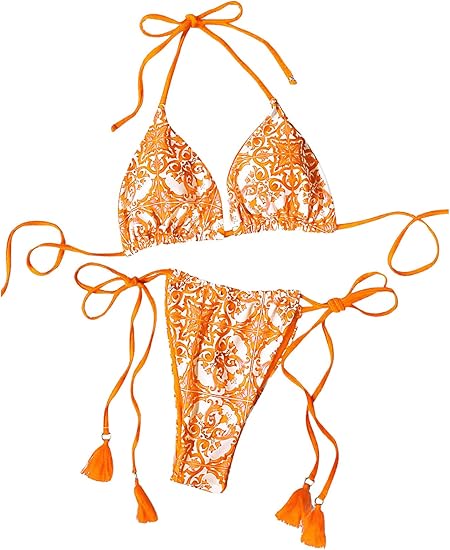 Paisley Printed Triangle Bikini Orange Swimsuit